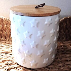 New White Canister Cellar with Wood Lid - Raised Star Print
